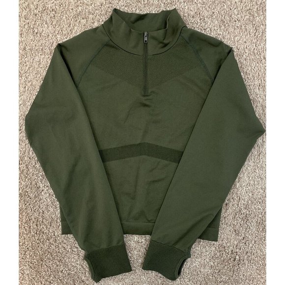 Victoria Secret PINK Active M/L 1/4 Zip Army Green Cropped L/S Top Thumbholes - Picture 1 of 10